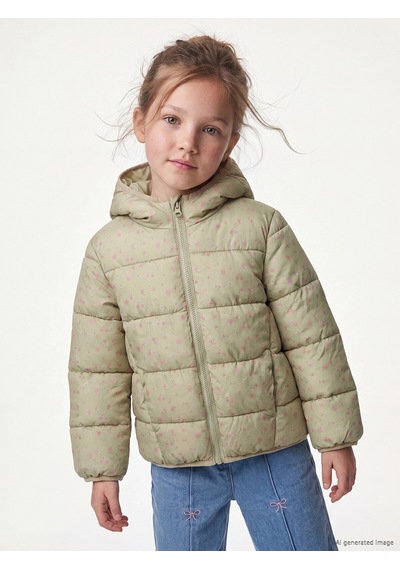 LC Waikiki Lcw Kids Yeşil Kapüşonlu Çiçekli Kız Çocuk Şişme Mont Lıght Green Prın