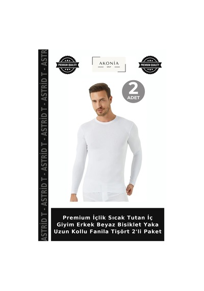 Astrid T Premium İçlik Sıcak Tutan İç Giyim Erkek Beyaz Bisiklet Yaka Uzun Kollu Fanila Tişört 2'li Paket