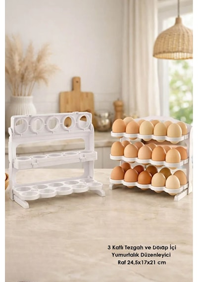 3 Katlı Yumurta Rafı 30 Bölmeli Buzdolabı Düzenleyici Raf Tezgah Ve Dolap İçi Organizer 24,5x17x21cm Beyaz