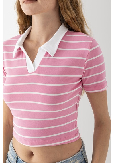 Giysa Kadın Polo Yaka Çizgili Pamuklu T-shirt Pembe Beyaz - 25795 Pembe - Beyaz Giysa Kadın Polo Yaka Çizgili Pamuklu T-shirt Pembe Beyaz - 25795 Pembe - Beyaz