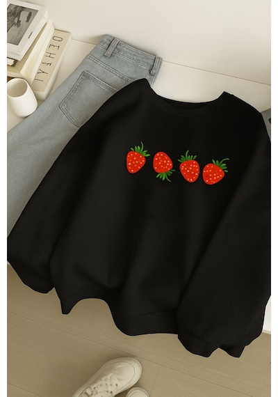 Benroma 3 İplik Penye Çilek Baskılı Unisex Sweatshırt SIYAH