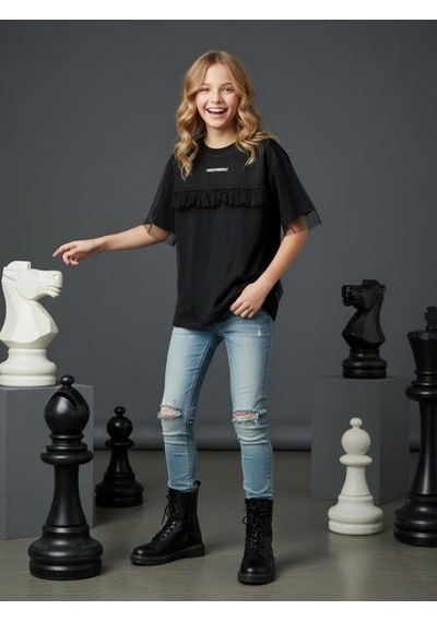 Zekids Kız Çocuk Tüllü Fırfır Detaylı Kısa Kollu Tasarım T-shirt-16549 Siyah