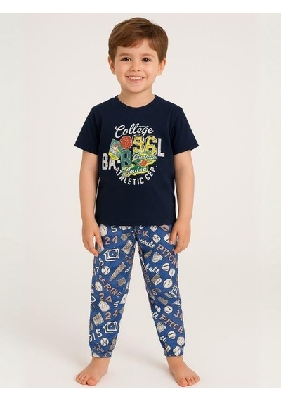 Zekids Erkek Çocuk Pamuklu Kısa Kol College Pijama Takımı-16061 Lacivert