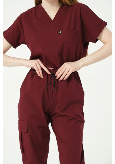Bordo Likralı Kargo Cep Doktor Hemşire Forması Tek Alt Unisex