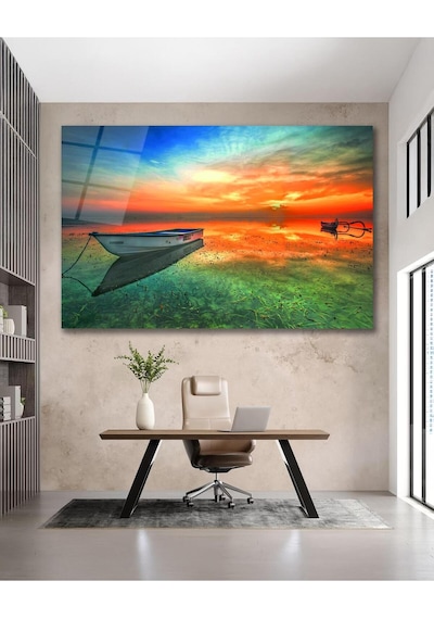 Kayık Göl Manzara Cam Tablo Modern Ev Ofis Salon Hediyelik Büyük Tablo Duvar Dekoru