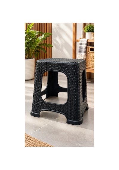 6 Lı Küçük Rattan Tabure Seti Siyah Mutfak Banyo Balkon Bahçe İçin İstiflenebilir Plastik Tabure Siyah