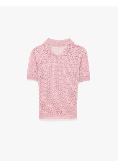 Koton Koton X Melis Ağazat - Viskon Kısa Kollu Polo Yaka Ajurlu Triko Kazak Pembe 6sak90206ht Gülkurusu