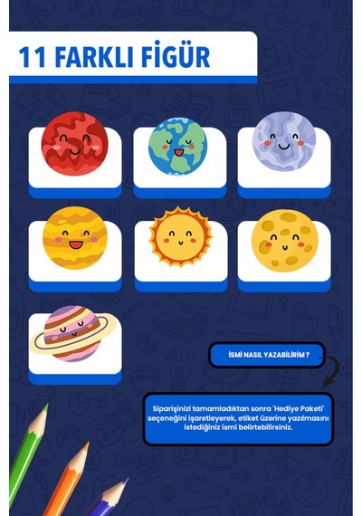 İsim Yazılabilir Sevimli Gezegenler Temalı Okul Etiketi Kalem & Defter İçin 200 Adet Mor