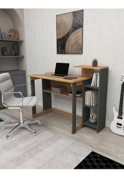 Enda Home Saye 5 Raflı Kitaplıklı Çalışma Masası Çam - Antrasit Koyu Gri - Çam