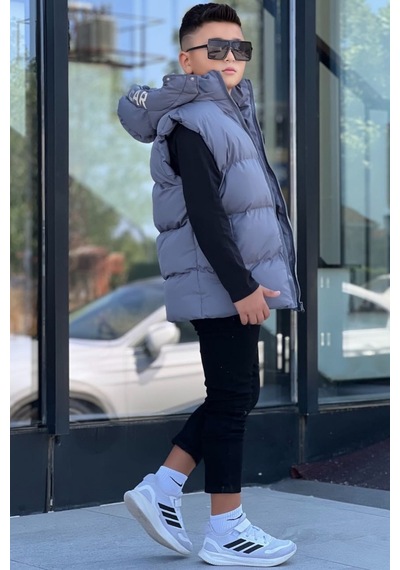 Pina Kids Erkek Çocuk Baskılı Çıkarılabilir Kapüşonlu Şişme Yelek 3017 Füme