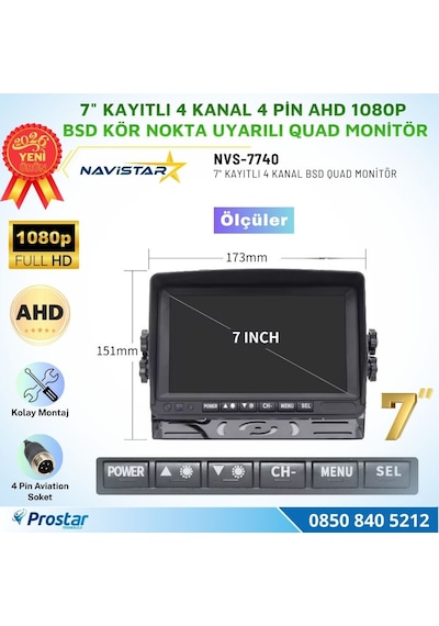 7 İnç 4 Kanal Full Hd Bsd Kör Nokta Uyarılı Ahd Quad Araç Monitörü Aktif Nesne Algılama + Sesli İkaz 12-24v