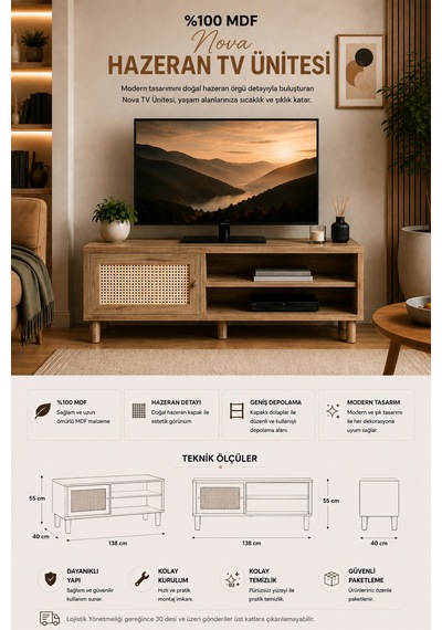 Renazzo %100 Mdf Nova Hazeran Tv Ünitesi Atlantik Çam 138x55 Cm