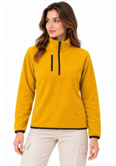 Butik İstanbul Polar Dik Yaka Yarım Fermuarlı Fermuarlı Göğüs Cepli Regular Fit Kışlık Sweatshirt - Hardal Sarısı