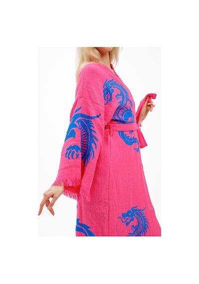 Befera Dragon Müslin Kimono Pamuklu Ejderha Baskılı Desenli Bornoz Kaftan Sabahlık Fuşya