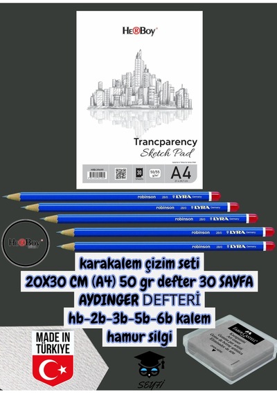 Kara Kalem Çizim Seti 20x30 Cm A4 50 Gr Defter 30 Sayfa Aydınger Hb-2b-3b-5b-6b Kalemi Herboy Çok Renkli