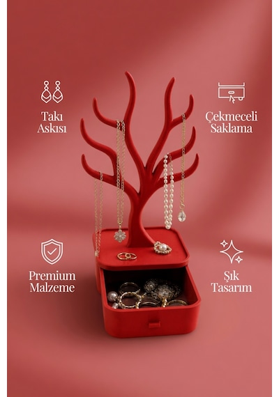 Ağaç Tasarımlı Çekmeceli Takı Organizer Kolye Askılığı Yüzük Küpe Bileklik Saklama Kutusu Kırmızı