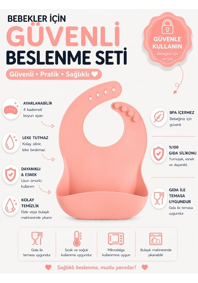 Jojobebek Çocuk Silikon Mama Önlüğü (PEMBE RENK) Pembe