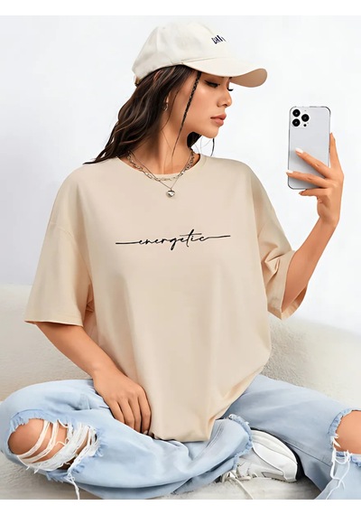 Energetic Yazılı T-shirt - Bej Baskılı Oversize Bisiklet Yaka Kısa Kol Tişört Bej