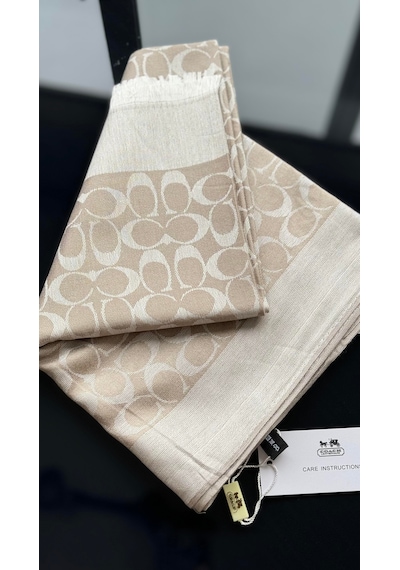 Miorel Scarfs C Desen Çift Taraflı Kaşmir İpek Şal 4 Mevsim Pamuk Şal Bej Krem