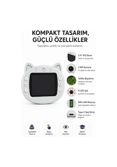 4berry Taşınabilir Fotoğraf Çekebilen Dijital Mikroskop 1000x 2.4 Ips Ekran, 2 Mp Kamera, 8 Led Işık, Type-c Şarjlı Beyaz