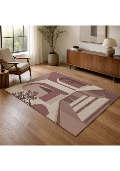 Kartela Halı Avlu Mimari Desenli Modern Halı Gül Kurusu Kaymaz Taban Makinede Yıkanabilir 100x150 Cm