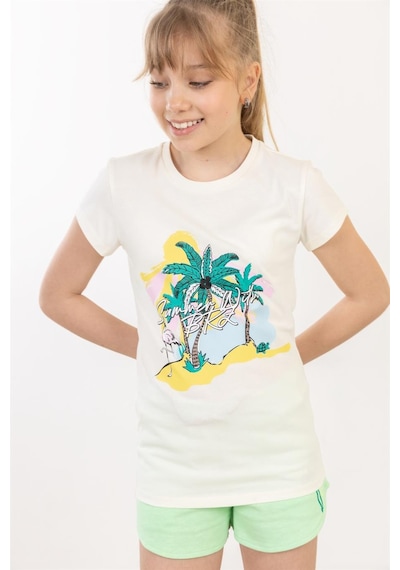 Brz Kids Palmiye Baskılı Kız Çocuk T-shirt-ekru Ekru