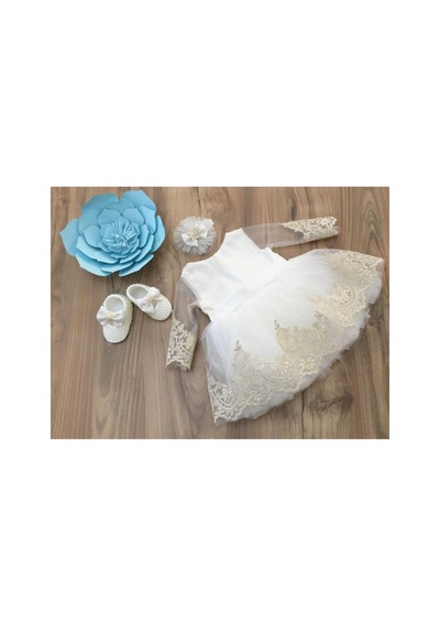 Hayy Baby Kids Wear Fransız Dantelli Kırık Beyaz Cocuk Elbise Şal