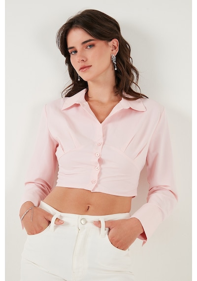 Lela Fitted Fit Pamuklu Korse Detaylı Uzun Kollu Crop Bayan Gömlek 611Go00376 Şeker Pembe