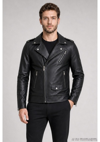 Freemen Erkek Fermuarlı Cep Detaylı Slim Fit Suni Deri Ceket-416 Siyah