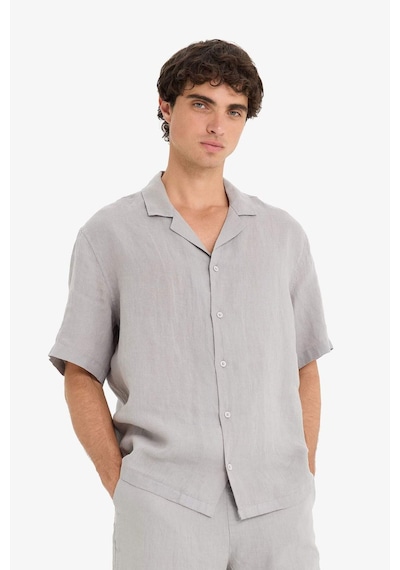 Defacto %100 Keten Relax Fit Apaş Yaka Kısa Kollu Gömlek F4597ax25hsgr454 Gri
