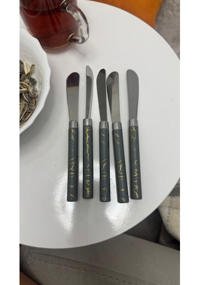 5 Parça Uzun Kahvaltı Bıçak - Gri Mermer Desen Saplı 16.5 Cm 4741 Ahşap - Kırmızı