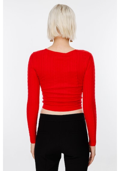 On Kadın Oversize V Yaka Crop Kazak - Uzun Kol Kırmızı