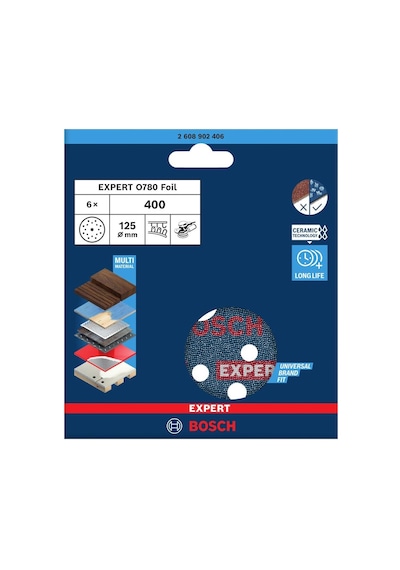Bosch Expert O780 125 Mm 400 Kum 6'lı Cırtlı Folyo Zımpara Diski 2608902406