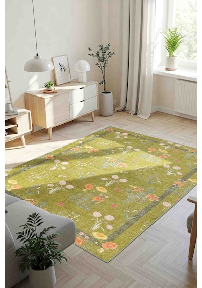 Artloop Florart Yeşil / Turuncu Çiçek Desenli Dokuma Tabanlı Modern Şönil Halı Al 482 Yeşil - Turuncu