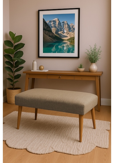 Azra Mobilya Modern Keten Kumaş Puf Bench 90x45 Cm Demonte Ahşap Ayaklı Oturma Pufu - Kahverengi Kahverengi