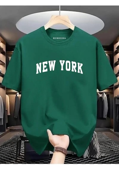 New York Beyaz Baskılı Oversize Tişört Yeşil
