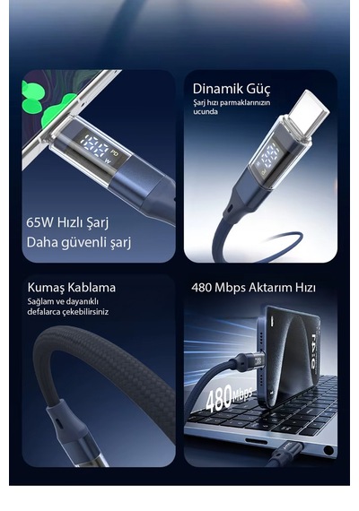 65w Pd Type-c To Type-c Dijital Watt Göstergeli Hızlı Şarj Ve Data Kablosu 1 Metre Siyah Mt2155