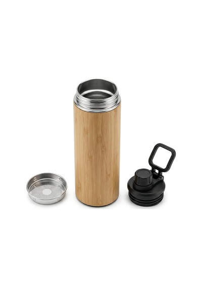 Lexroo 450 Ml Bambu Kaplama Tabanlı Mat Siyah Çelik Termos