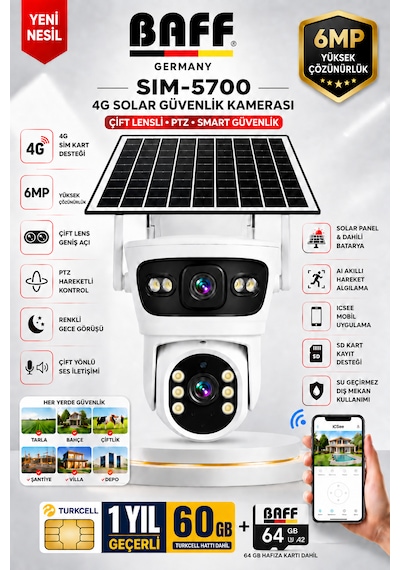 Sım-5700 6mp 4g Sım Kartlı Solar Güvenlik Kamerası Çift Lens Ptz Renkli Gece Görüşlü + 60gb Sım Kart Ve 64gb Hafıza Kartı Dahil