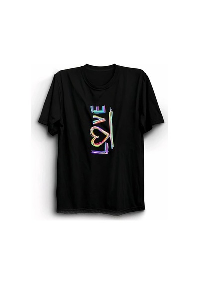 Freedom Storee 14 Şubat Sevgililer Günü Love Baskılı Oversize Bisiklet Yaka T-shirt - Siyah Çok Renkli