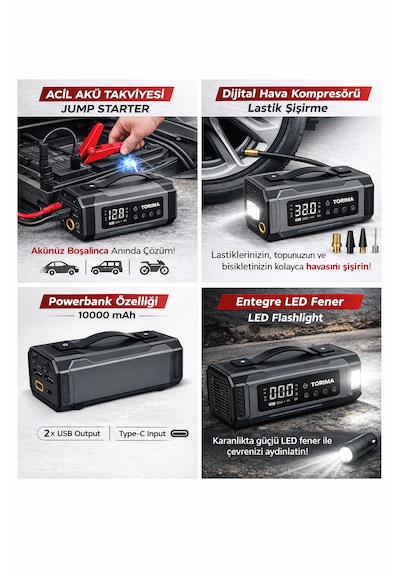 Torima Aps-04 10000mah Akü Takviye Jump Starter + Dijital Hava Kompresörü + Led Fener 01