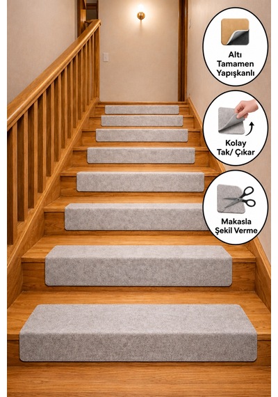 Altı Tam Yapışkanlı Kaydırmaz Basamak Halısı Pratik Kaymaz Dublex Ev Ahşap Merdiven Halısı Bej 20x75cm