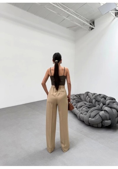 Defymoda Trio Arka Bel Lasti K Detayli Palazzo Pantolon Vizon