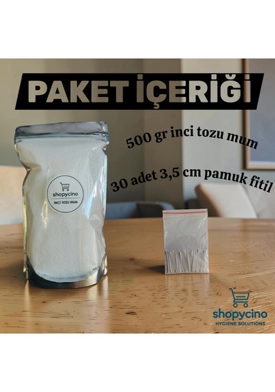 Shopycino İnci Tozu Mum 500 Gr + 30 Adet 3,5 Cm Pamuk Fitil 001 - Beyaz