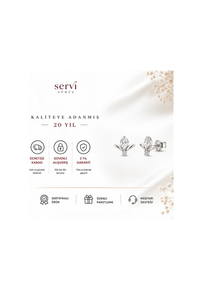 Servi 925 Ayar Gümüş Minimal Lotus Markiz Taşlı Küpe-520