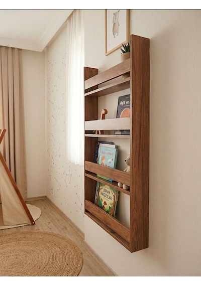 Montessori 4 Raflı Çocuk Kitaplığı Çok Amaçlı Dekoratif Duvar Rafı 120x60 Ceviz