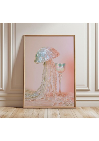 Işıltılı Denizanası Duvar Sanatı İnci Dokunaçları Posteri Pastel Pembe Dekor Okyanus Fantazisi Sanat Eseri Sürreal Estetik