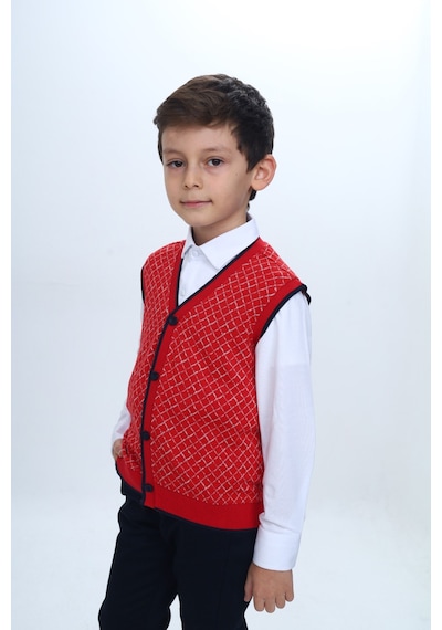 Toontoy Kids Toontoy Erkek Çocuk V Yaka Düğmeli Triko Yelek - Diagonal Desenli Kırmızı
