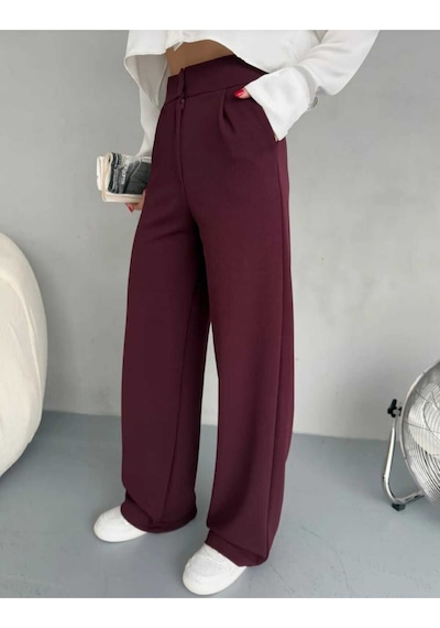 Nevege Butik Kadın Örme Kumaş Full Likralı Düğmeli Palazzo-bordoo02 Bordo0102 Bordo