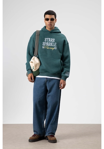 Vamos Oversize Nakış Baskılıkapüşonlu Sweatshirt Nefti Yeşil